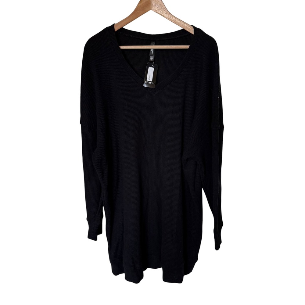 Torrid Sleep Tunic Women 2 Black Ribbed V-Neck Long Sleeve Oversized Loungewear